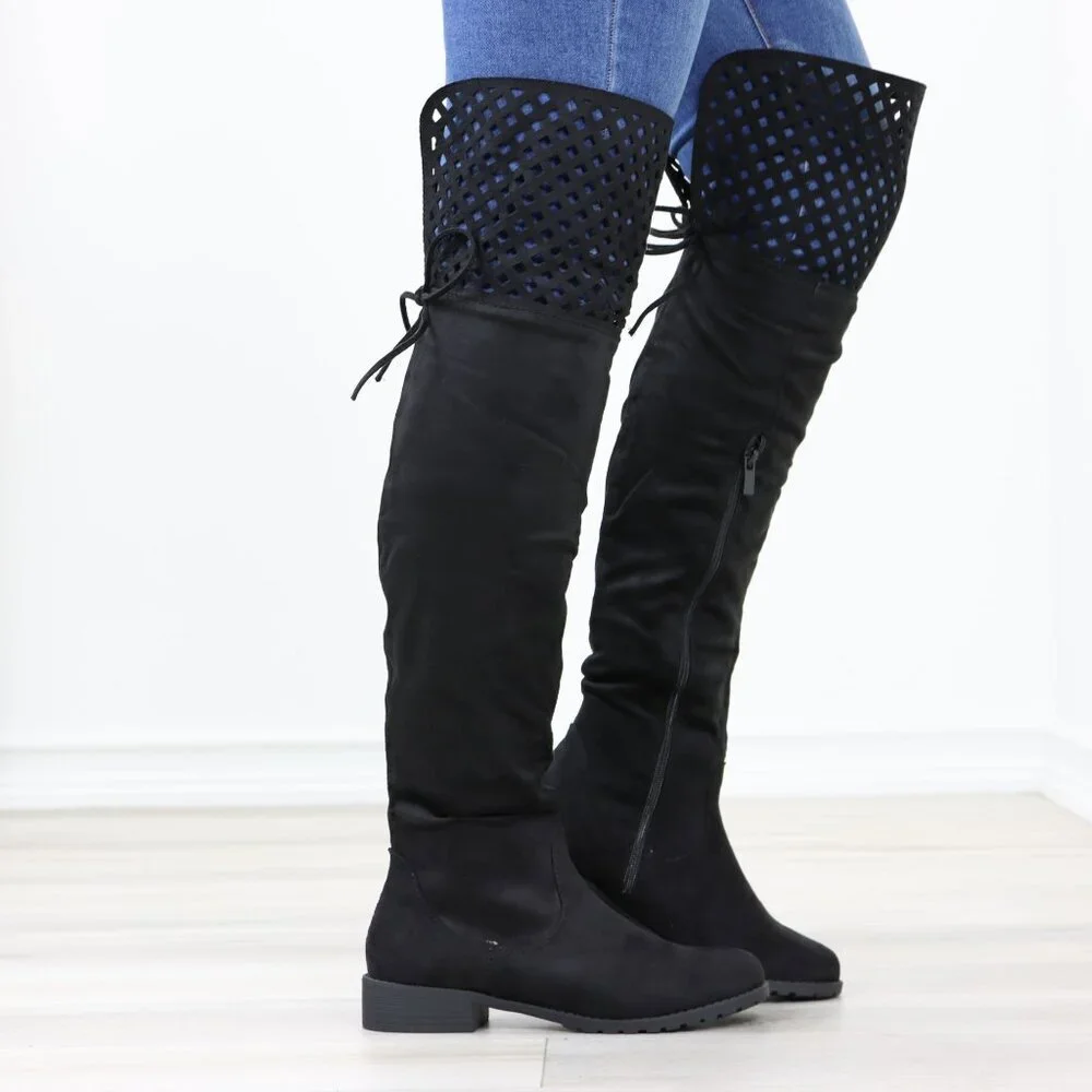 Black Thigh High Over The Knee Flat Boots Faux Suede - Picture 1 of 15